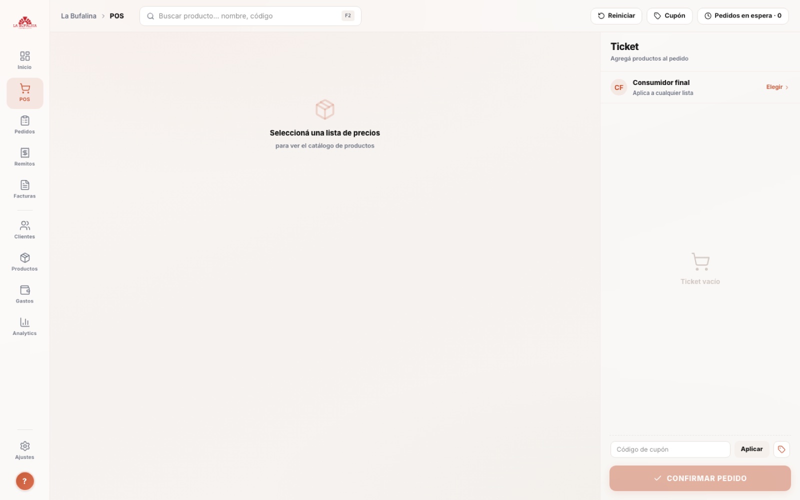 POS de La Bufalina con búsqueda de productos y panel de ticket