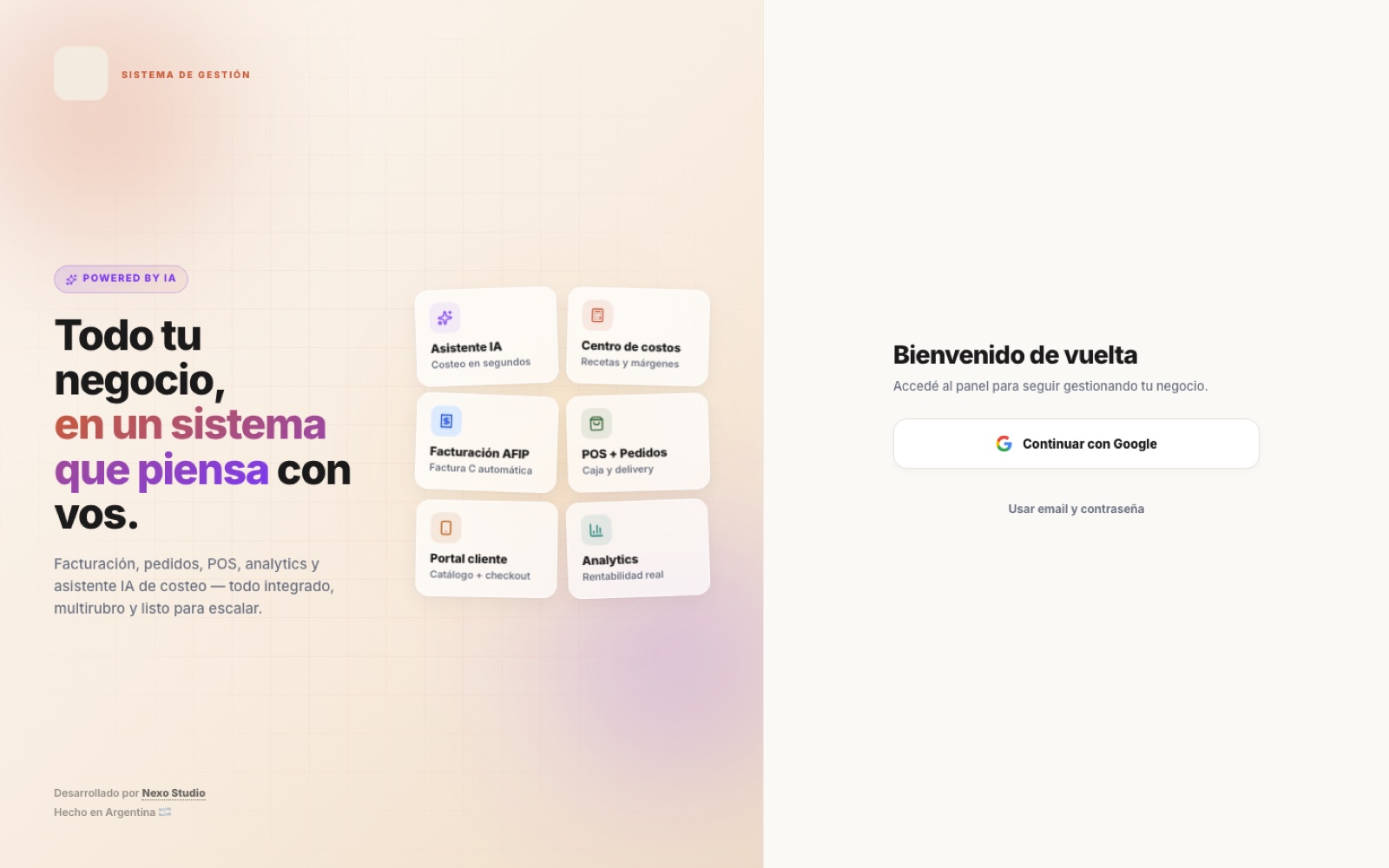 Login del sistema de La Bufalina mostrando los 6 módulos disponibles