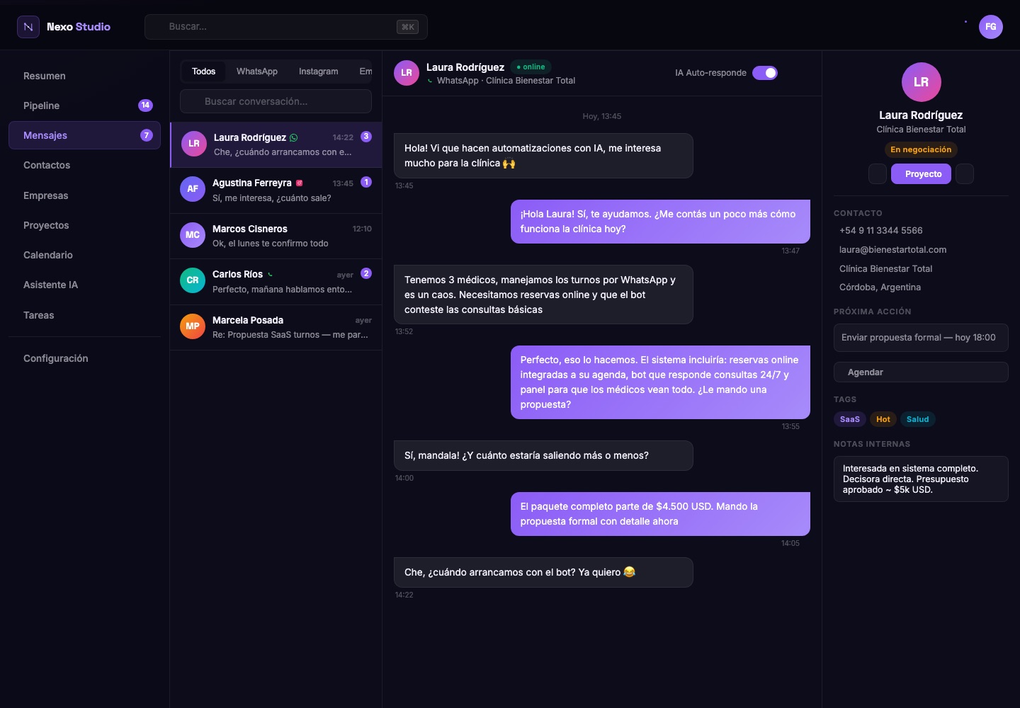 Inbox unificado con WhatsApp, Instagram y Email en Nexo CRM