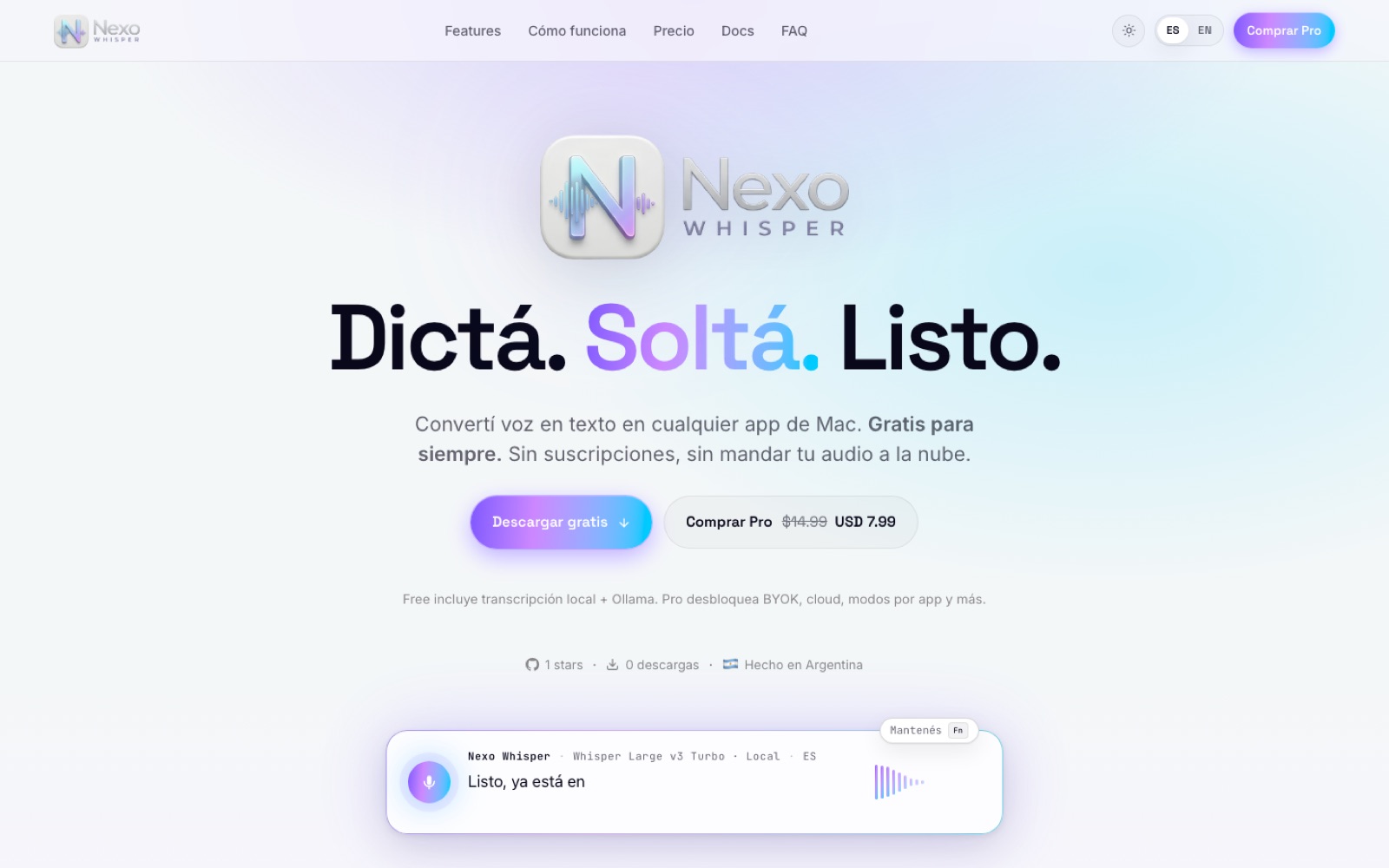 Landing de Nexo Whisper, app macOS de dictado con IA